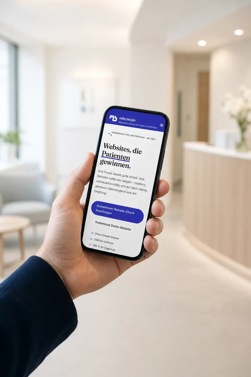 Hand hält ein Smartphone mit der mbcreate-Website in einer hellen Praxis