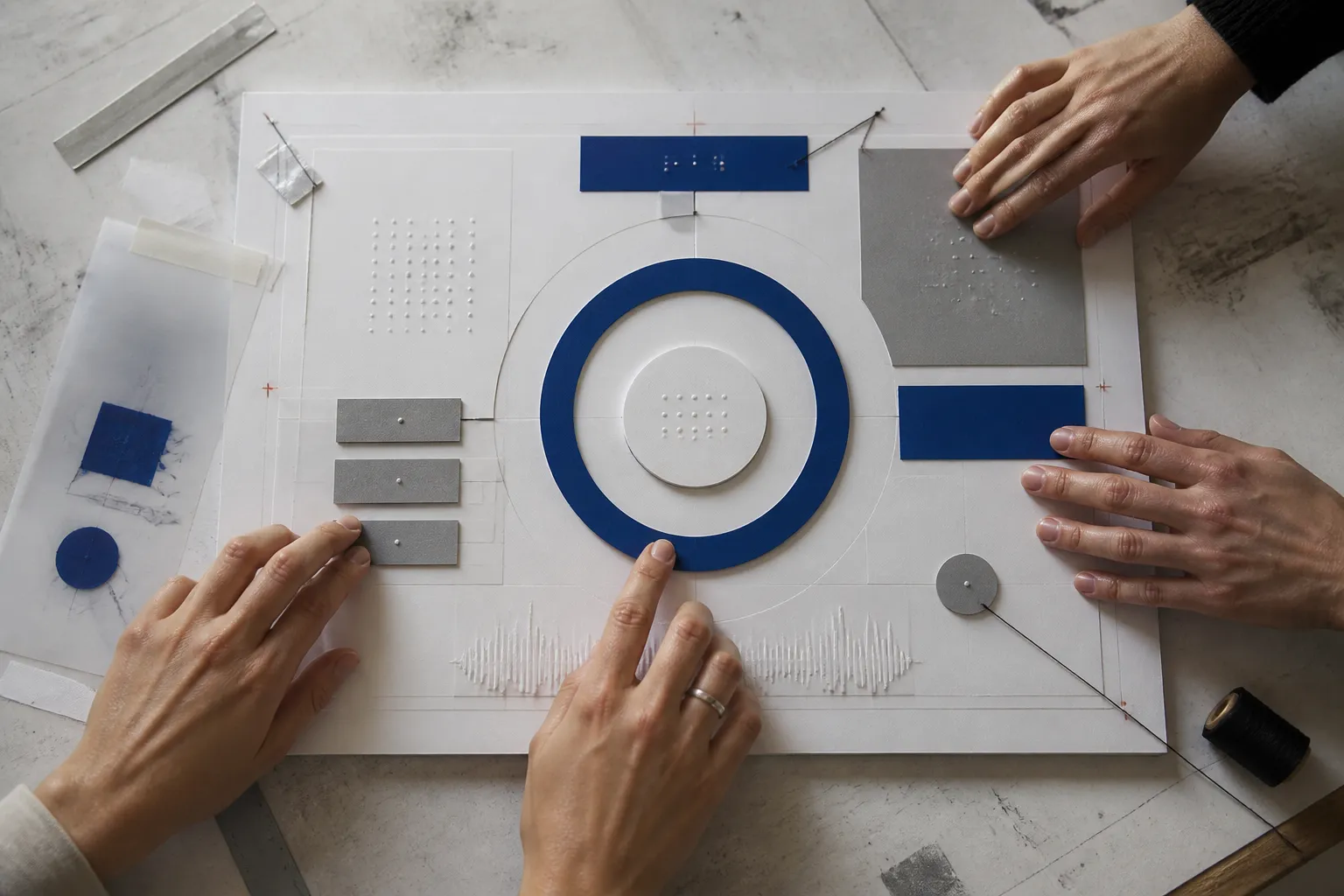 Taktile Website-Struktur aus Papier, Braillepunkten, Kontrastflächen und großen Bedienelementen steht für barrierefreies Webdesign