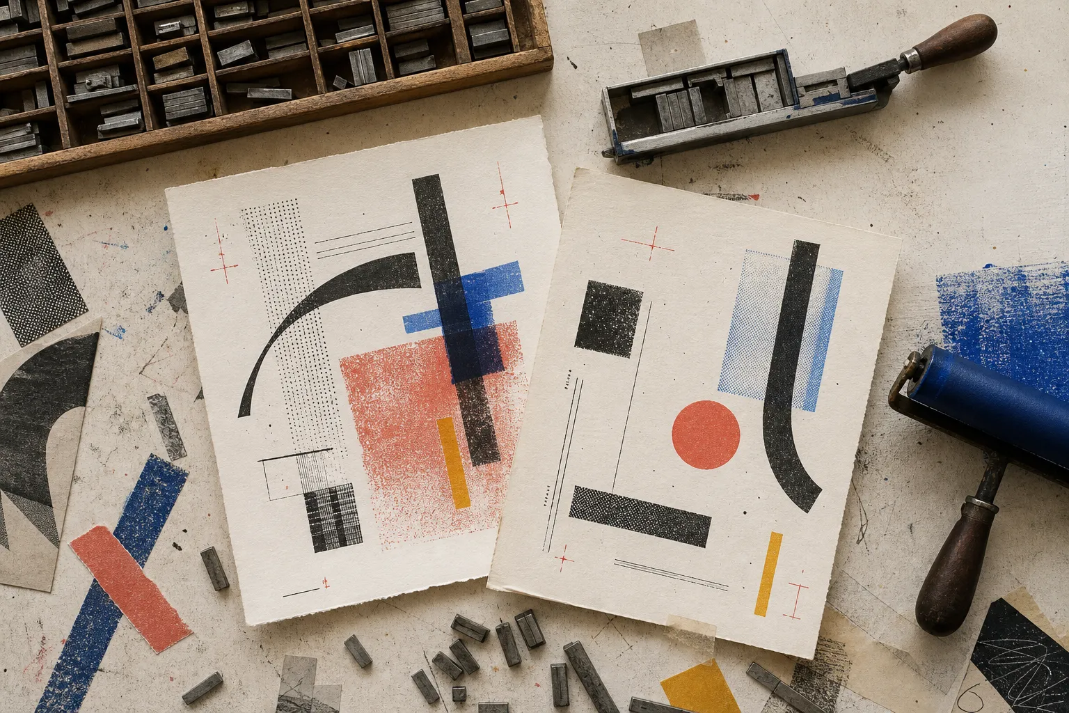 Redaktionelle Collage aus echten Drucklettern, Papierproben und typografischen Formen auf einem Gestaltertisch