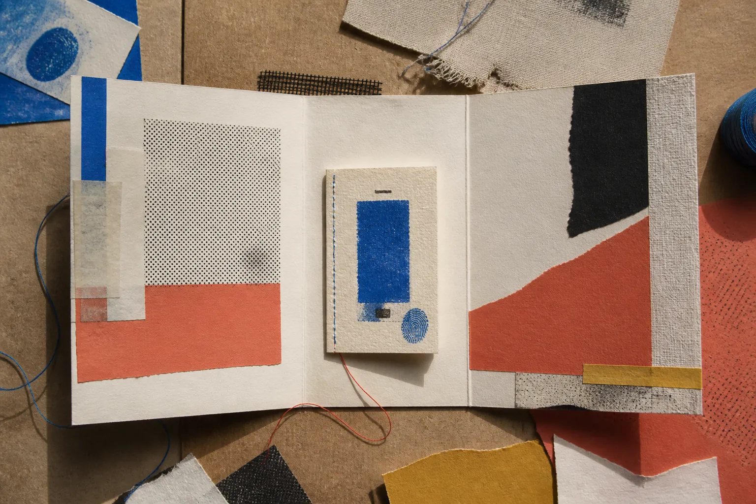 Analoge Papiercollage, bei der ein kompaktes Smartphone-Layout zuerst entsteht und sich zu größeren Formaten erweitert