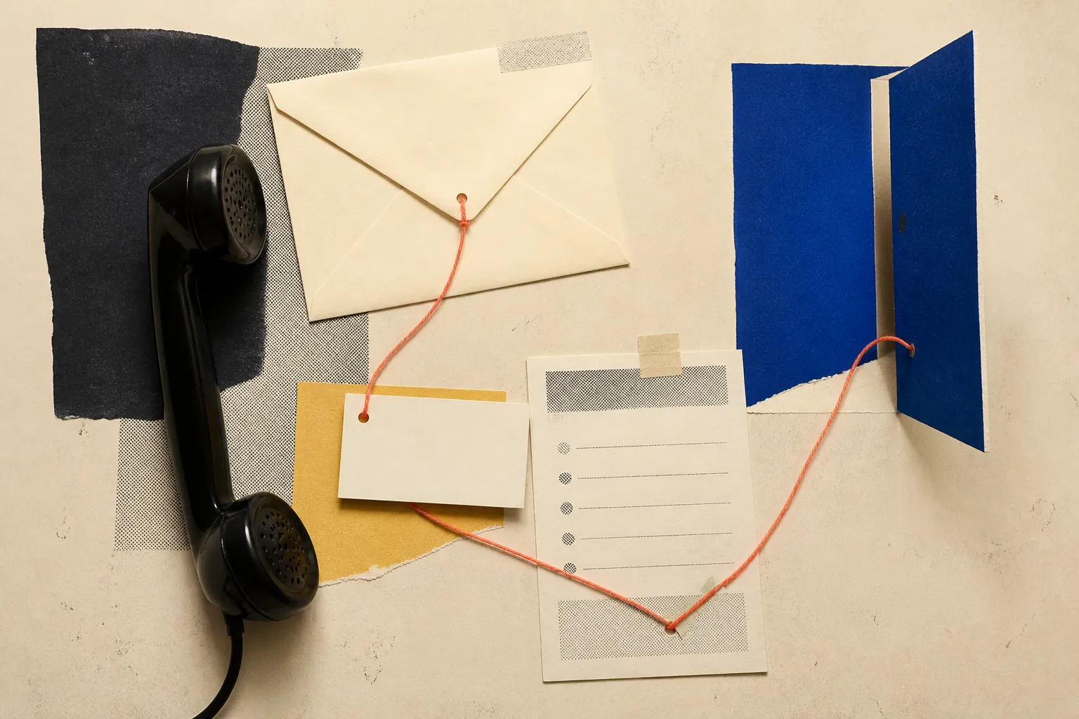 Handgefertigte Editorial-Collage aus Brief, Telefon, Formular und Verbindungslinie für einfache Kontaktaufnahme