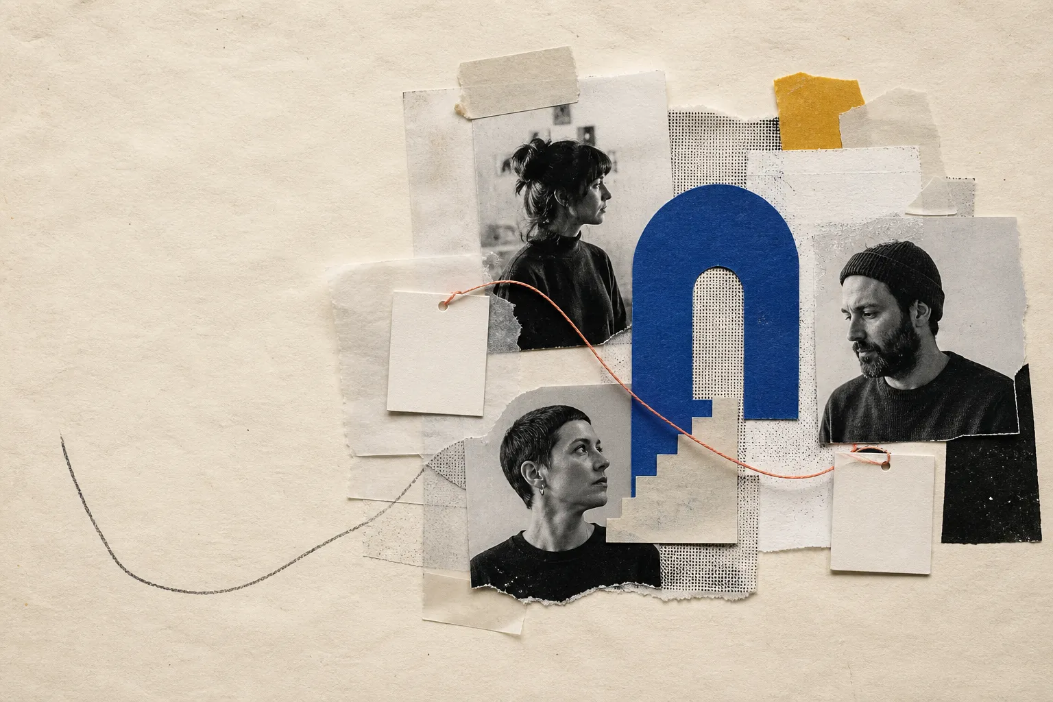 Redaktionelle Collage aus Porträts, Papier und Verbindungslinien als Symbol für Menschen und Unternehmensidentität