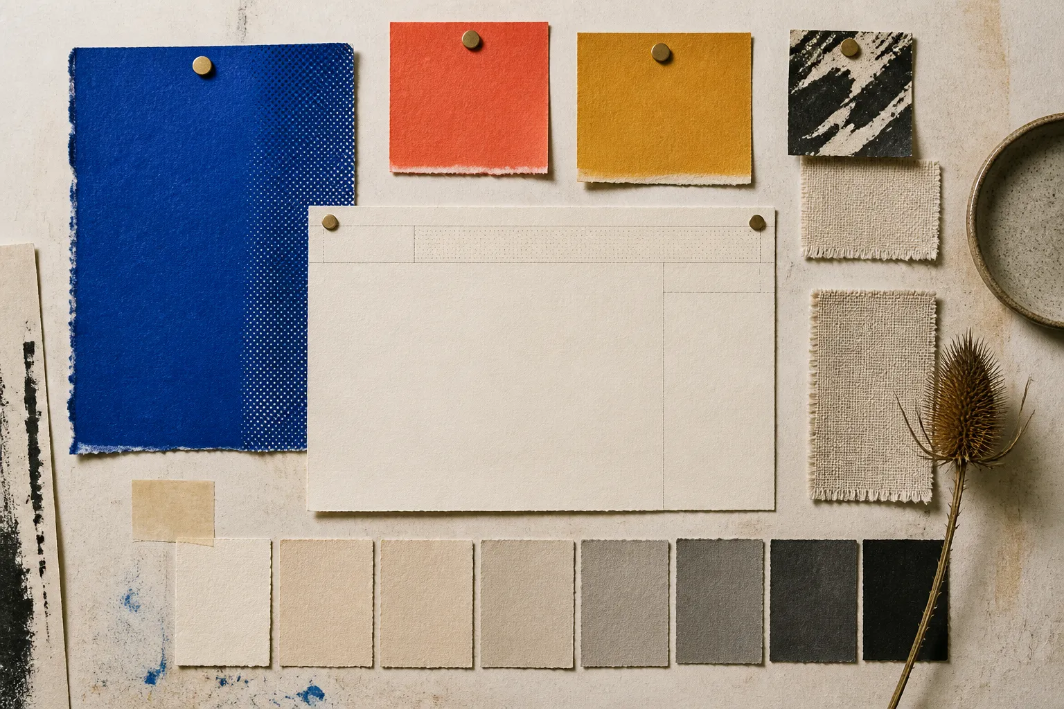 Geordnete Papierfarbproben zeigen Primärfarbe, Sekundärfarben, Akzent und neutrale Töne eines Webdesign-Systems