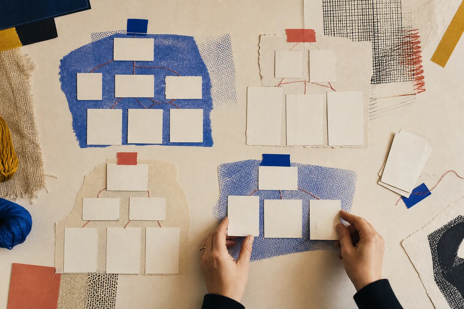 Handgezeichnete Informationsarchitektur aus Papierkarten und klaren thematischen Gruppen