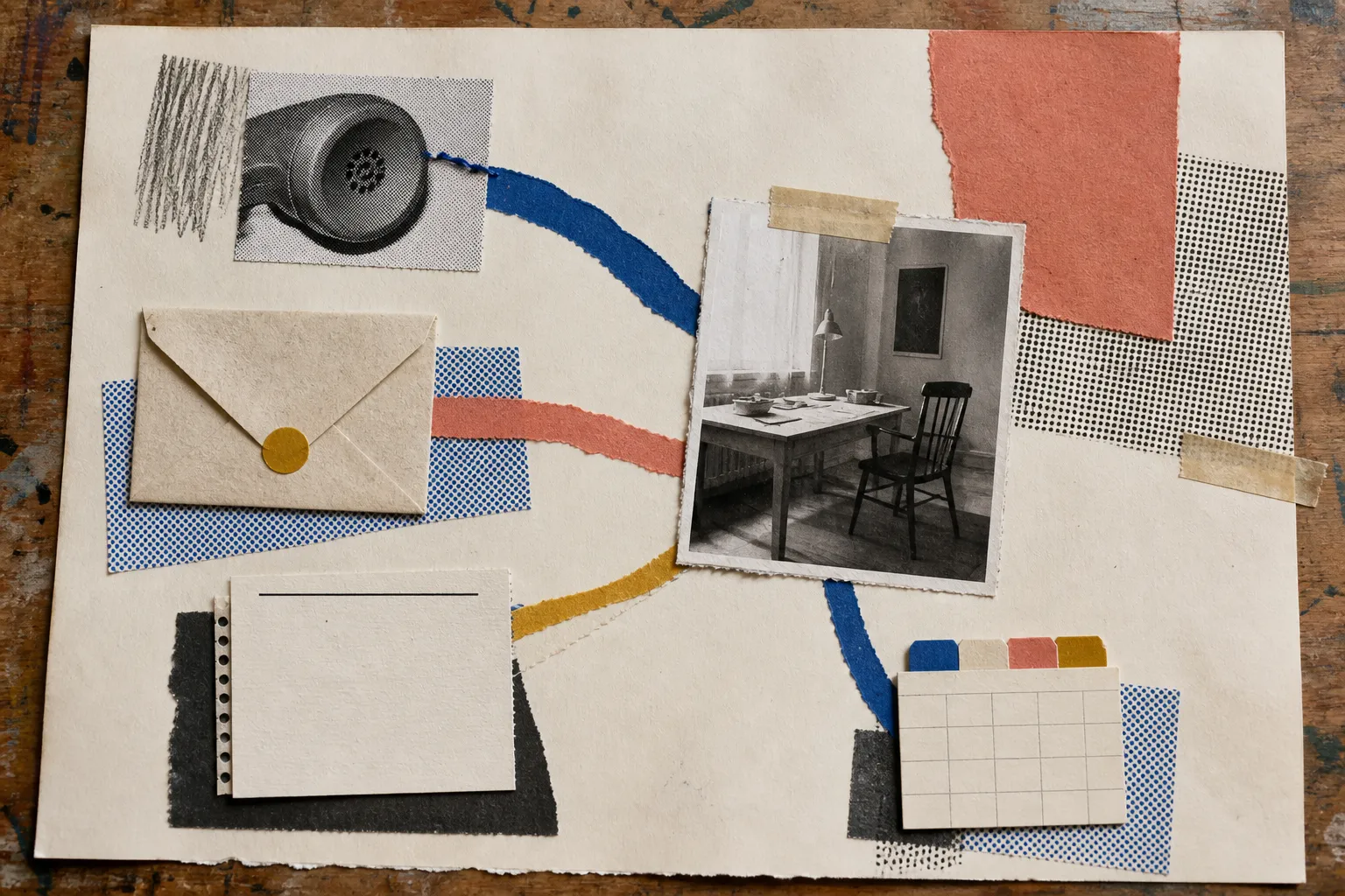 Analoge Papiercollage verschiedener Kontaktwege, die zu einem gemeinsamen Ansprechpartner führen
