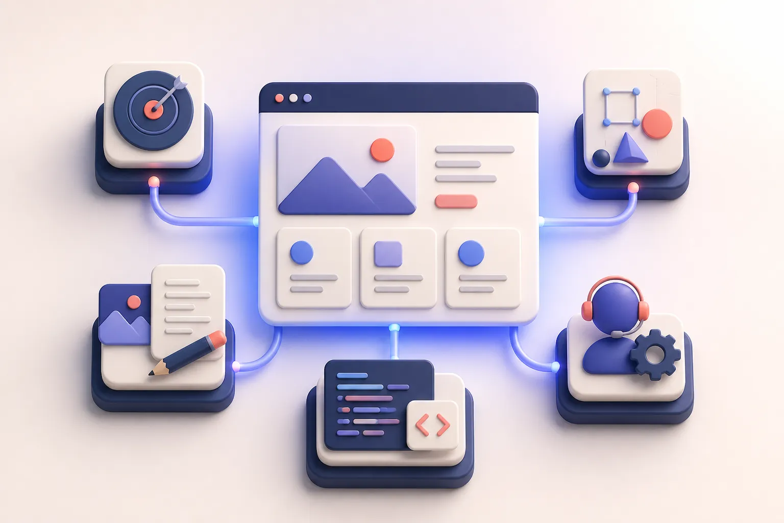 Verschiedene Kostenbausteine einer Website wie Strategie, Design, Inhalte, Entwicklung und Wartung