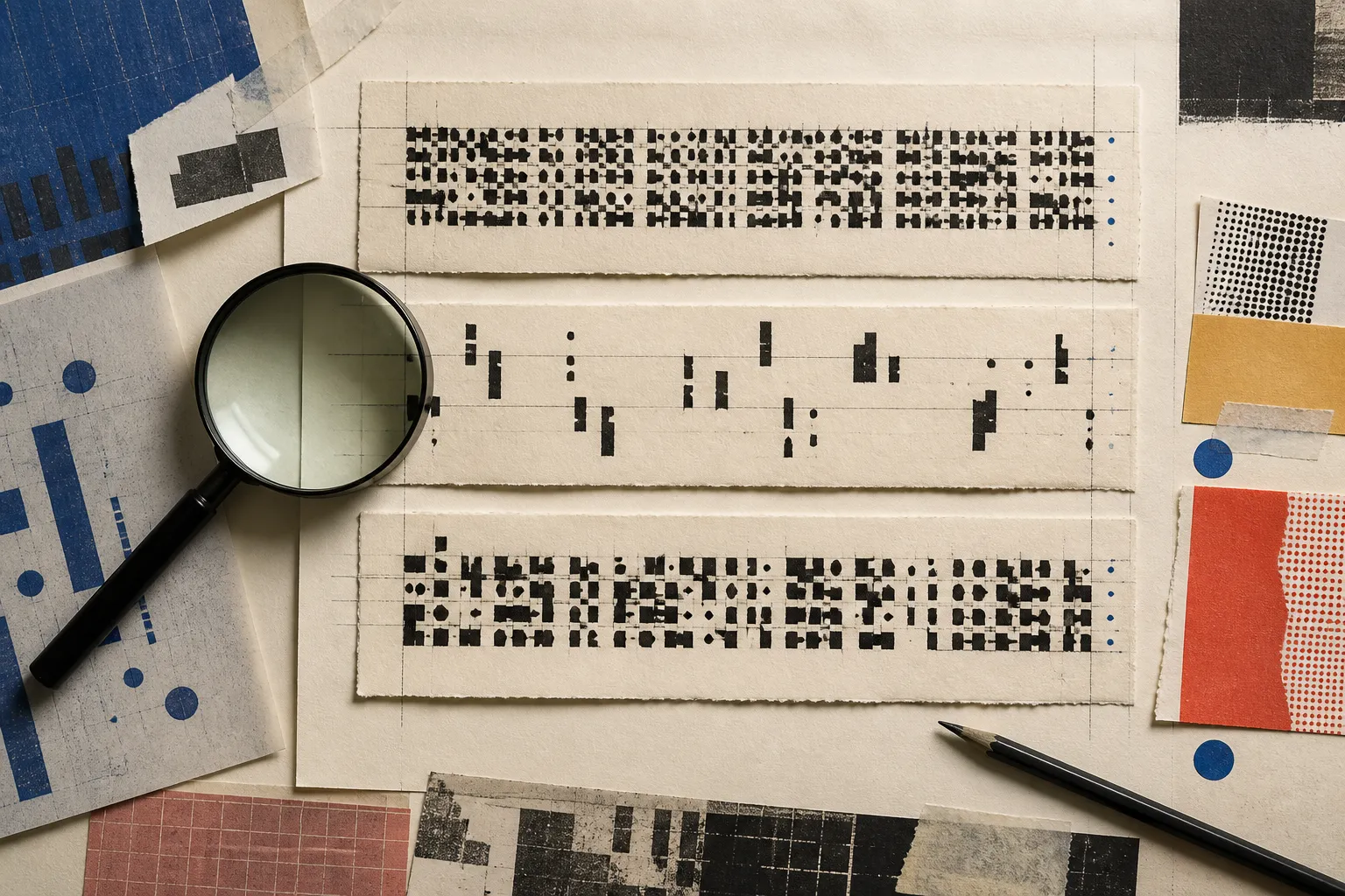 Makroaufnahme gedruckter typografischer Formen mit sichtbarem Zeilenraster, Abständen und Papierstruktur
