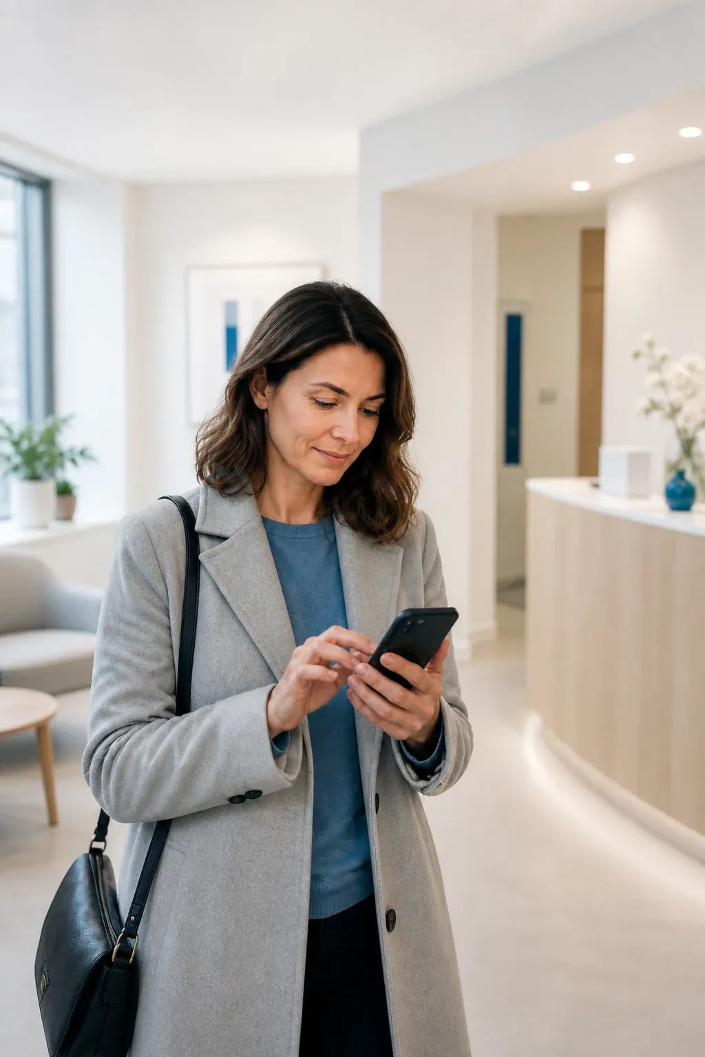 Frau schaut unterwegs auf ihr Smartphone vor einer beleuchteten Praxis
