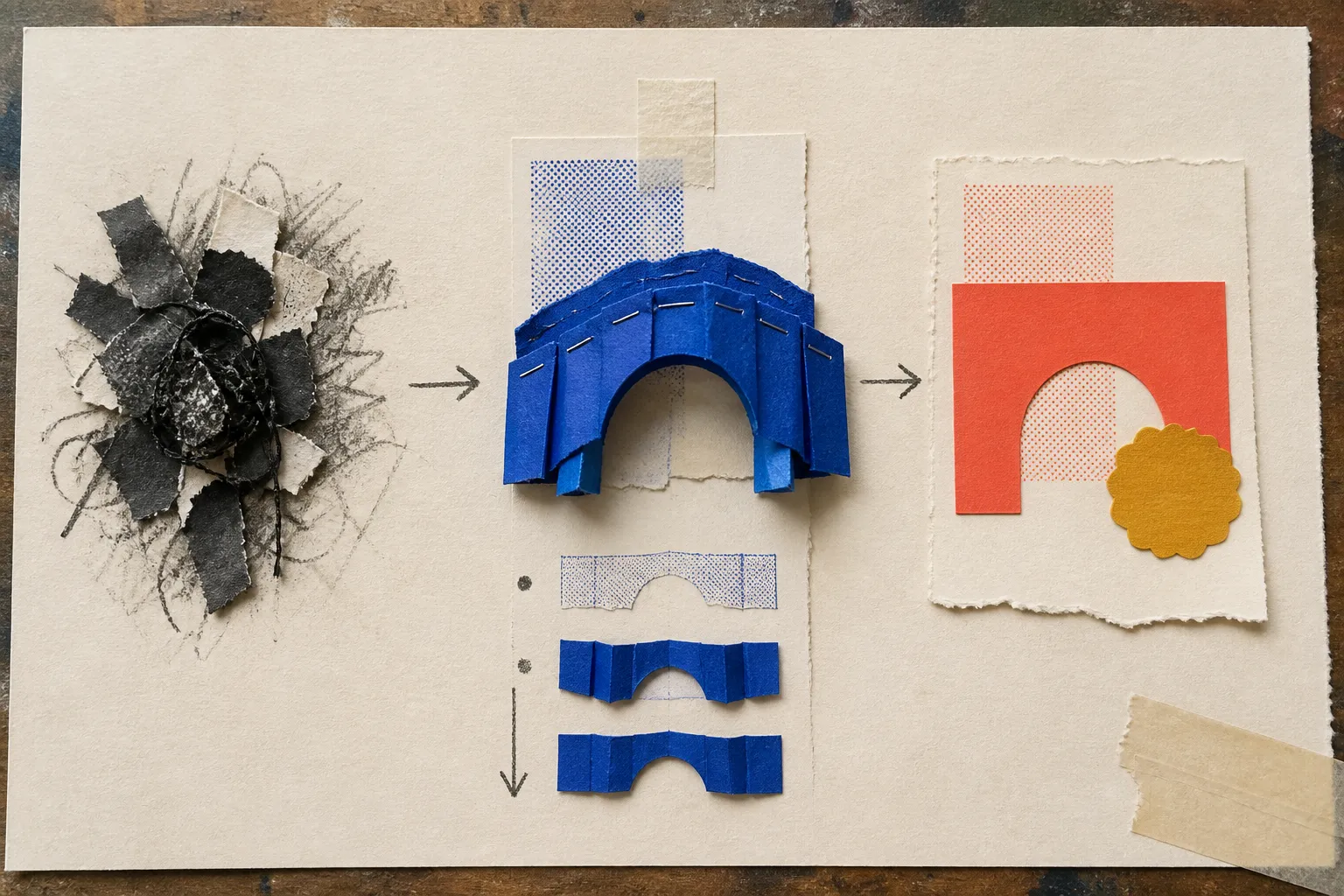Analoge Collage, die den Weg vom Kundenproblem über eine Lösung zum gewünschten Ergebnis zeigt