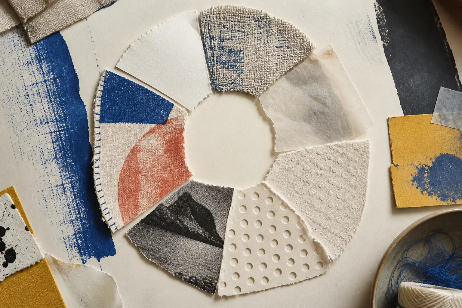 Taktile Papiercollage aus den verbundenen UX-Bausteinen Nützlichkeit, Klarheit, Bedienbarkeit, Zugänglichkeit und Vertrauen