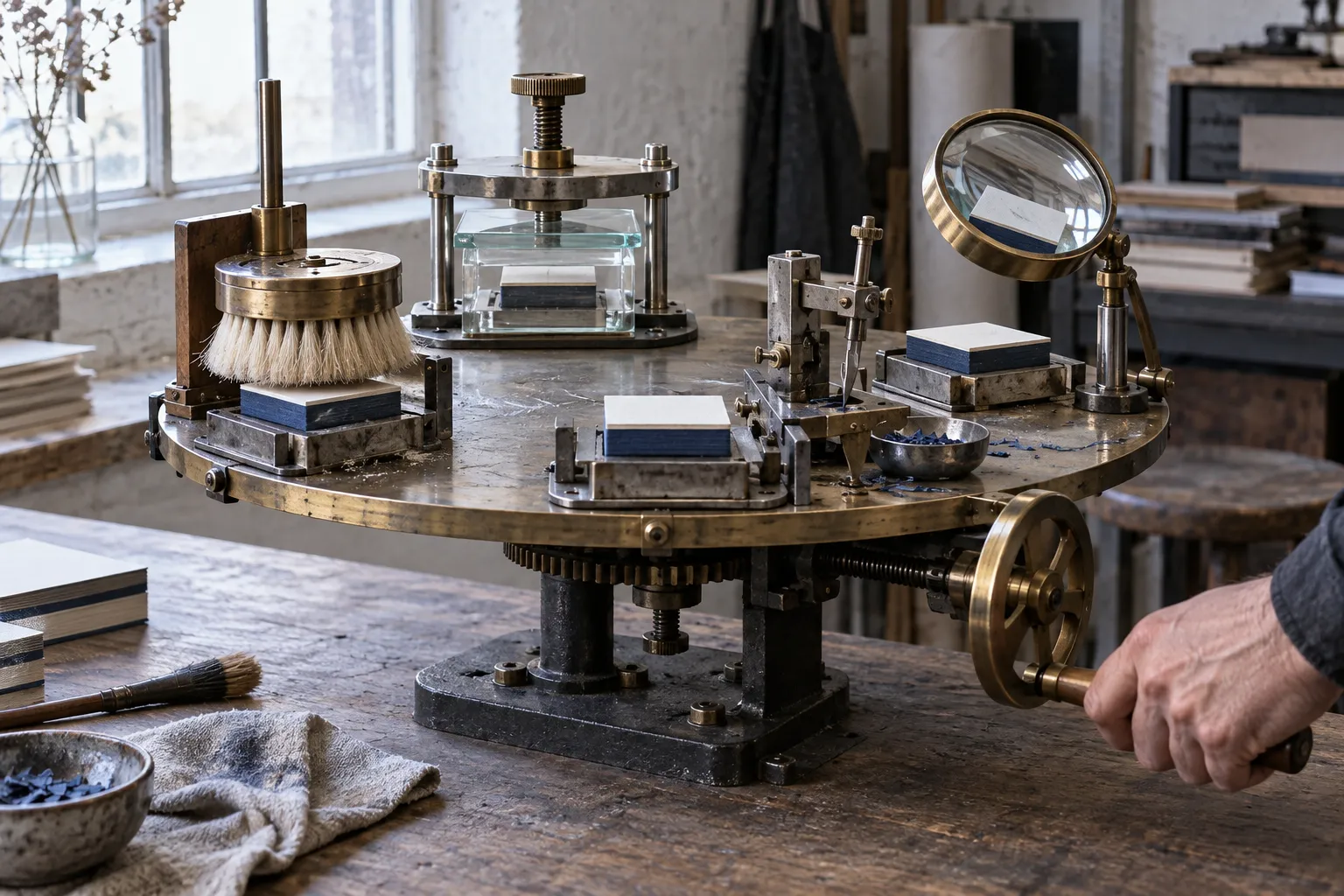 Ein kreisförmiger mechanischer Wartungszyklus verbindet Prüfen, Sichern, Aktualisieren und Kontrollieren einer Website