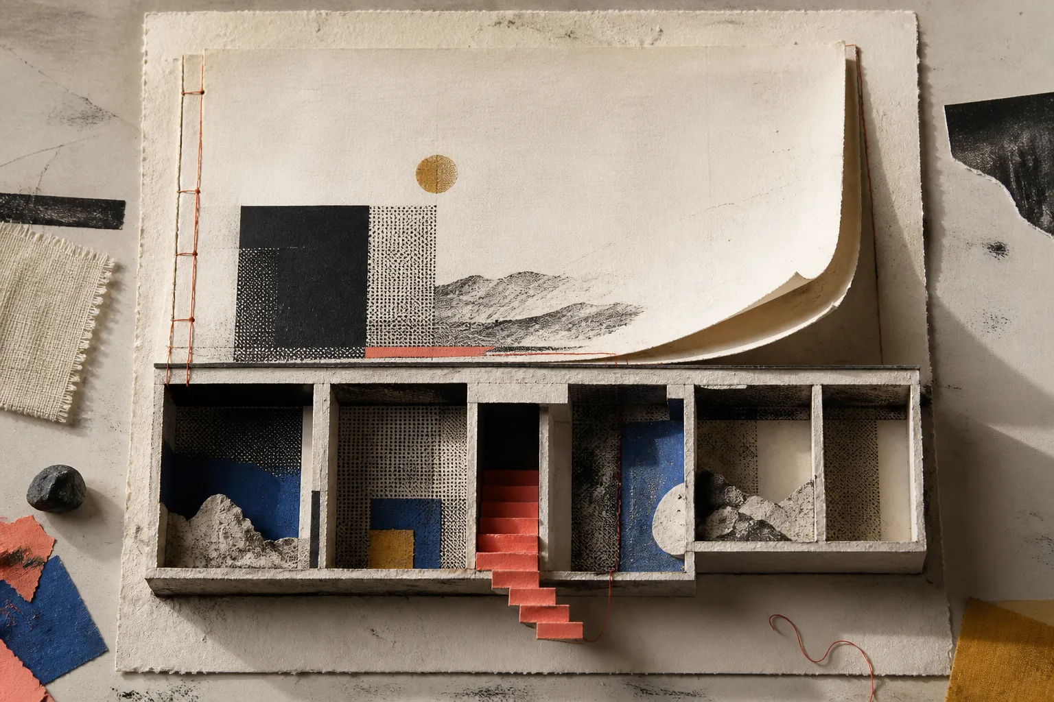 Architektonische Papiercollage zeigt einen klar gegliederten Website-Footer als stabile Basis