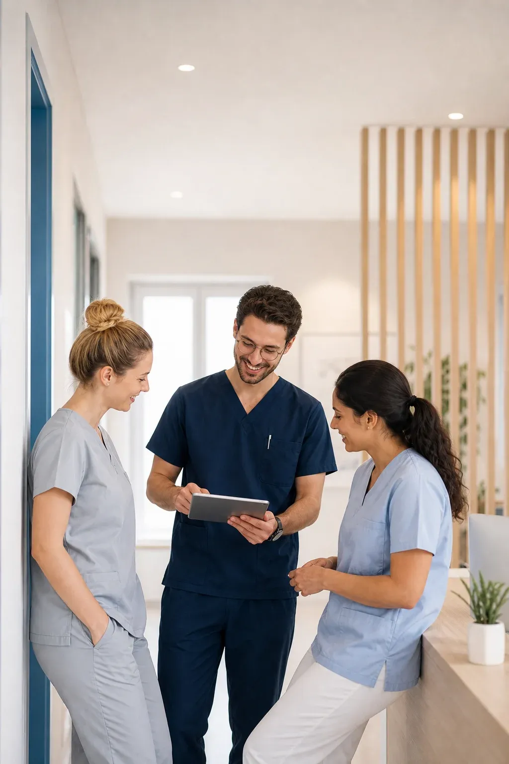 Drei lachende Mitarbeitende in Scrubs unterhalten sich auf dem Praxisflur