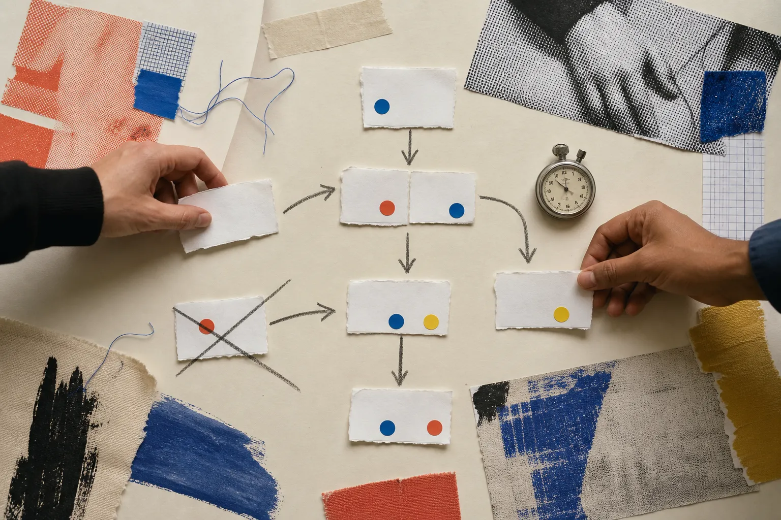 Analoger Nutzertest mit Papiermenü, Markierungen und einem klaren Weg zum Ziel