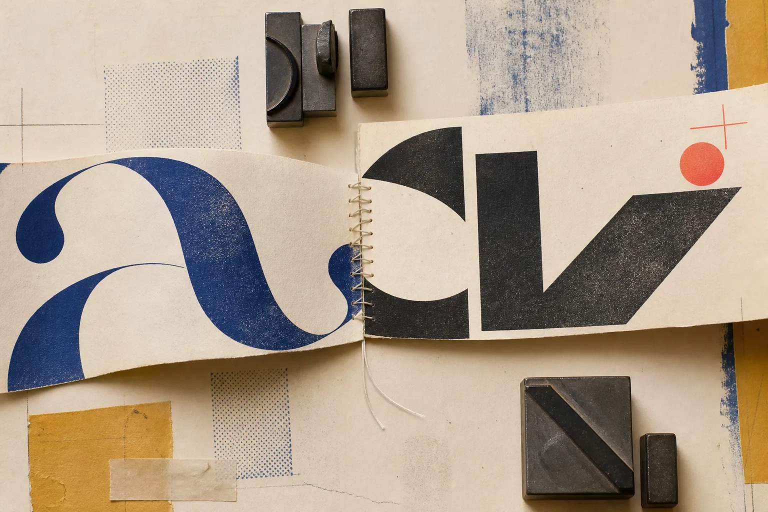 Zwei unterschiedlich bedruckte Papierbahnen bilden ein ausgewogenes typografisches Paar