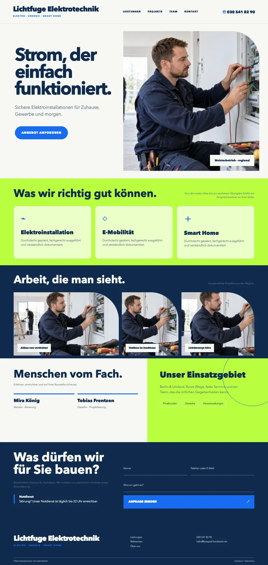 Beispiel-Startseite eines Elektrobetriebs im mbcreate-Design