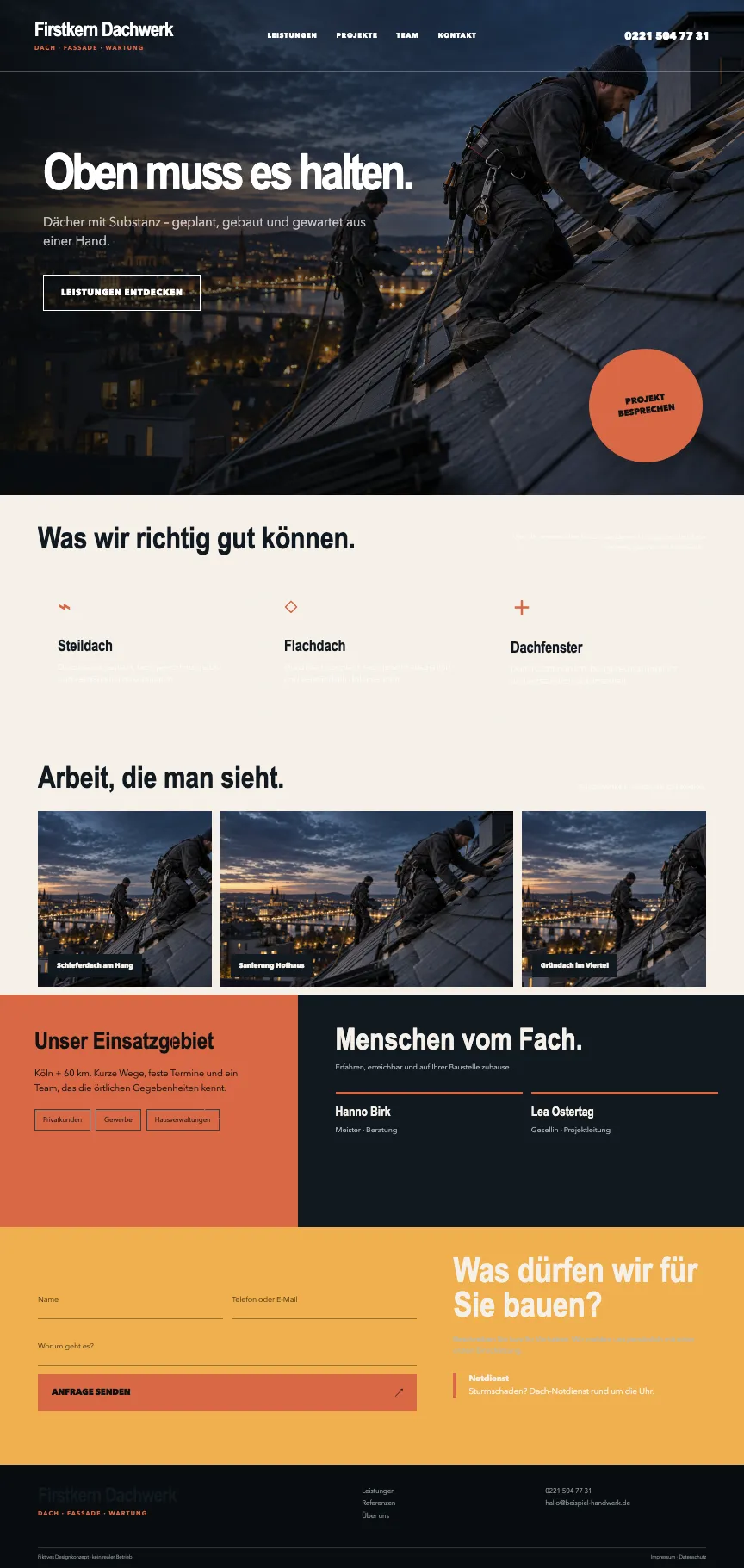 Beispiel-Startseite im mbcreate-Design: Dachdeckerei