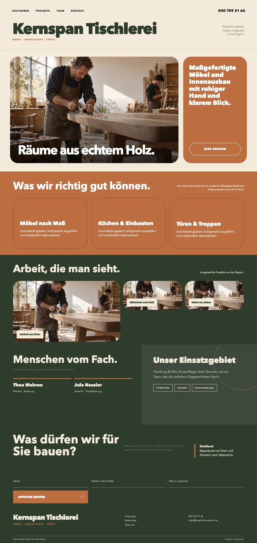 Beispiel-Startseite im mbcreate-Design: Tischlerei