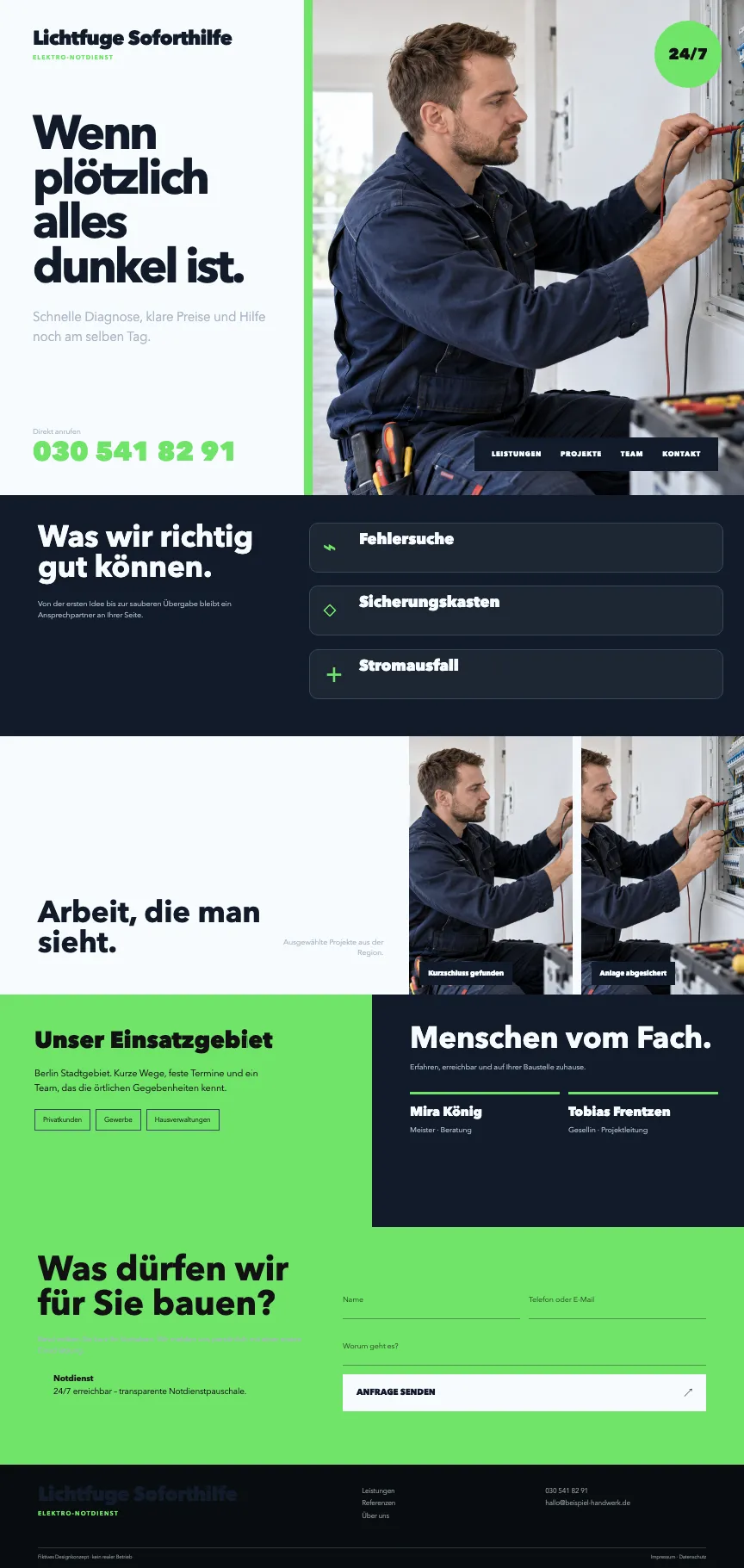Kreatives Webdesign für einen Elektro-Notdienst mit auffälligem Notruf-Bereich