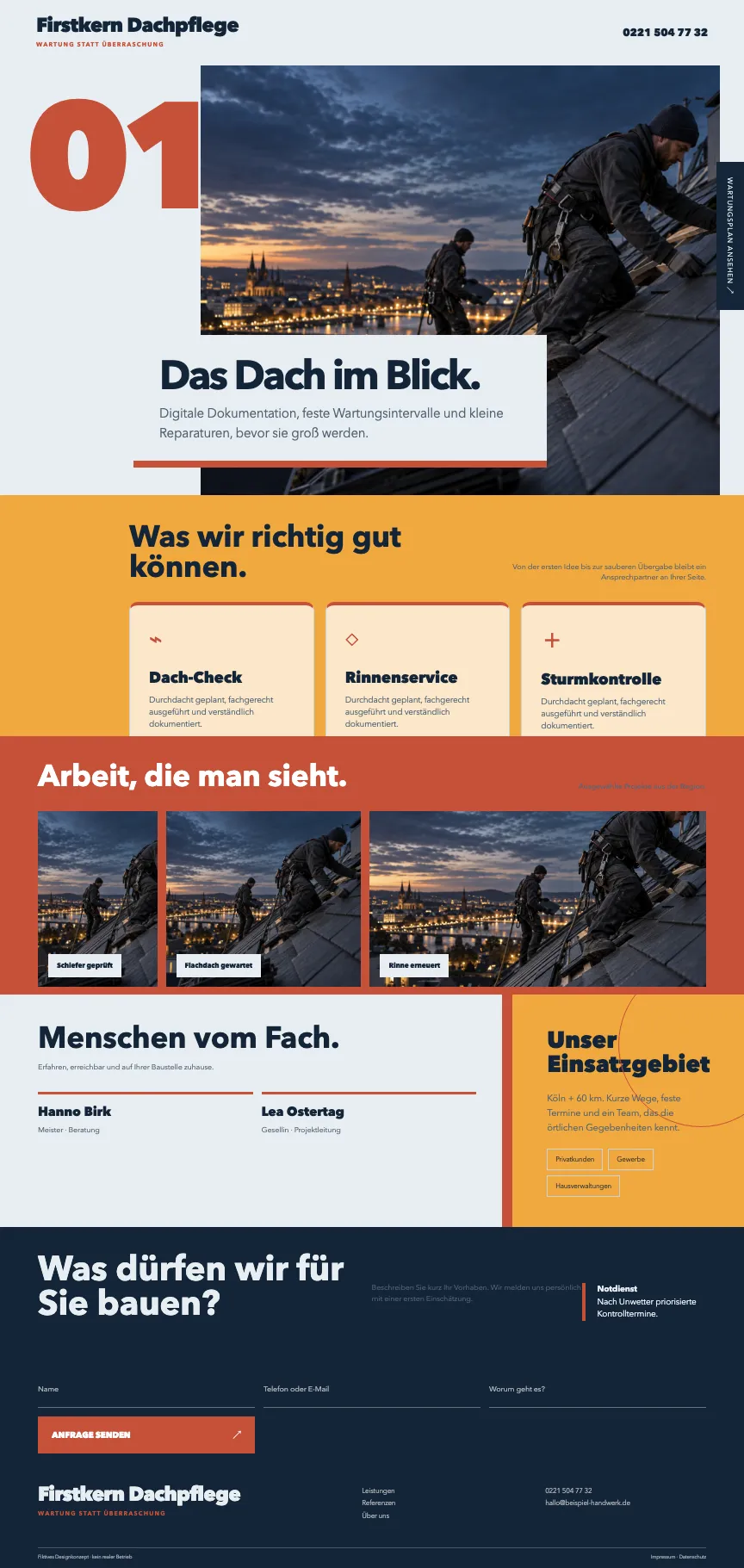 Webdesign für einen Dachwartungsbetrieb mit großflächigen Projektbildern