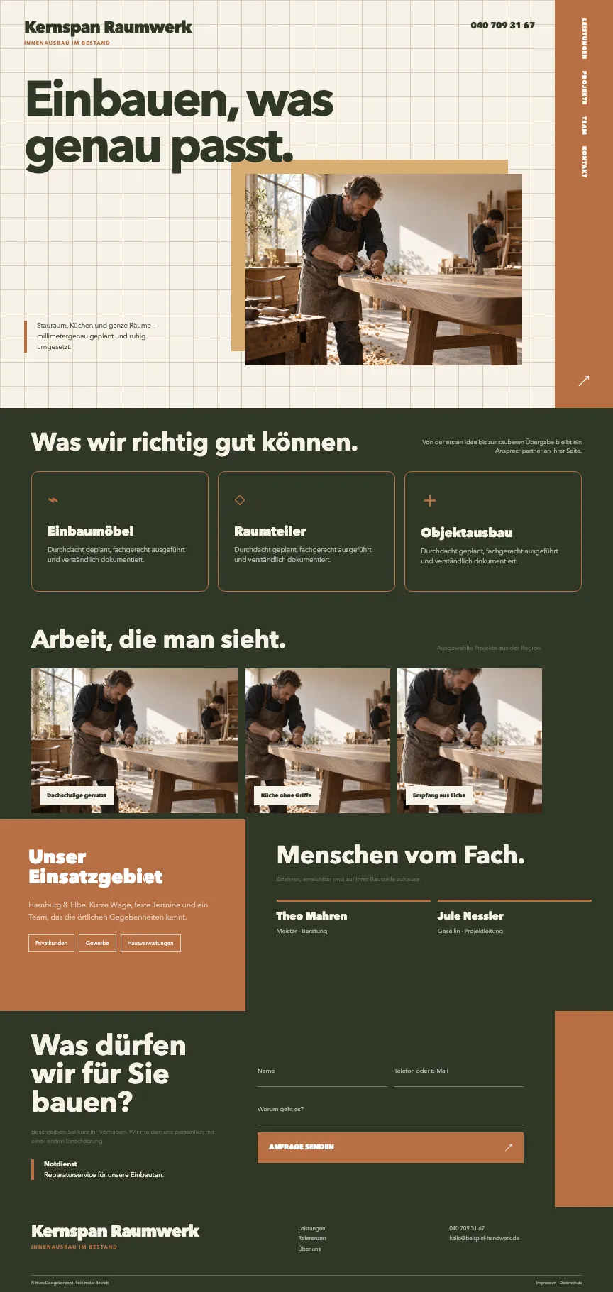 Ruhiges, materialbetontes Webdesign für einen Innenausbaubetrieb
