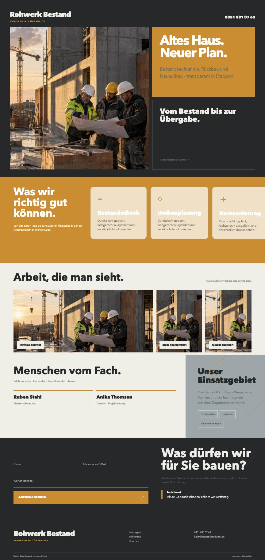 Sachliches Webdesign für Bestandssanierung mit klarer Projektübersicht