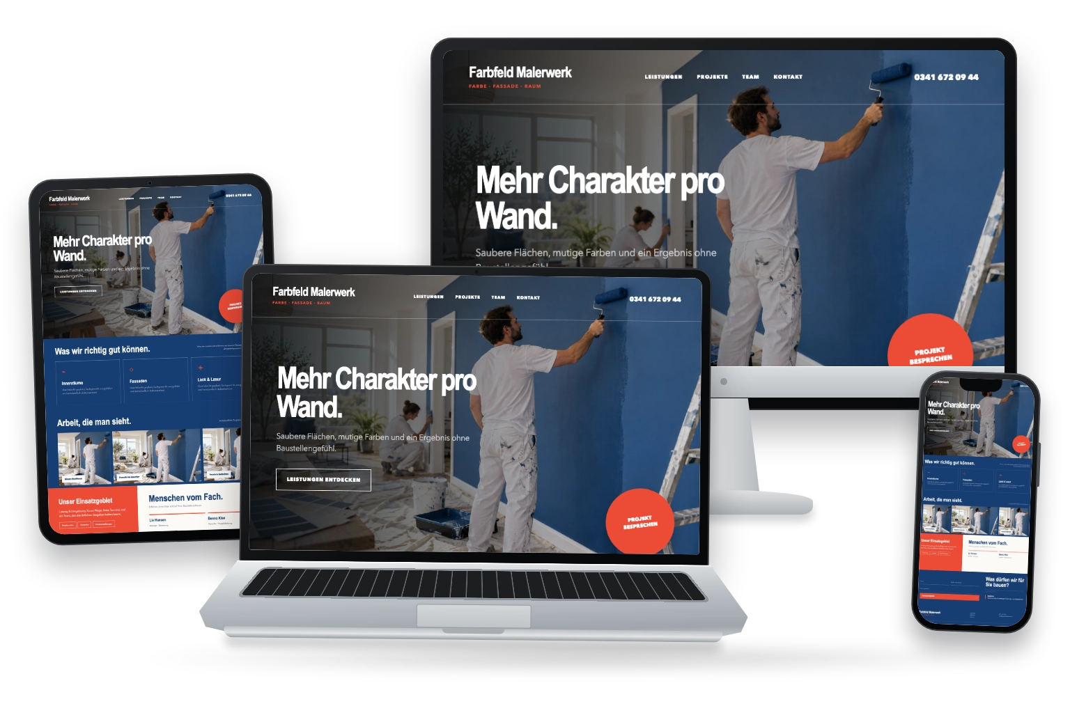 Beispiel-Startseite eines Handwerksbetriebs im mbcreate-Design, dargestellt auf Rechner, Tablet, Laptop und Smartphone