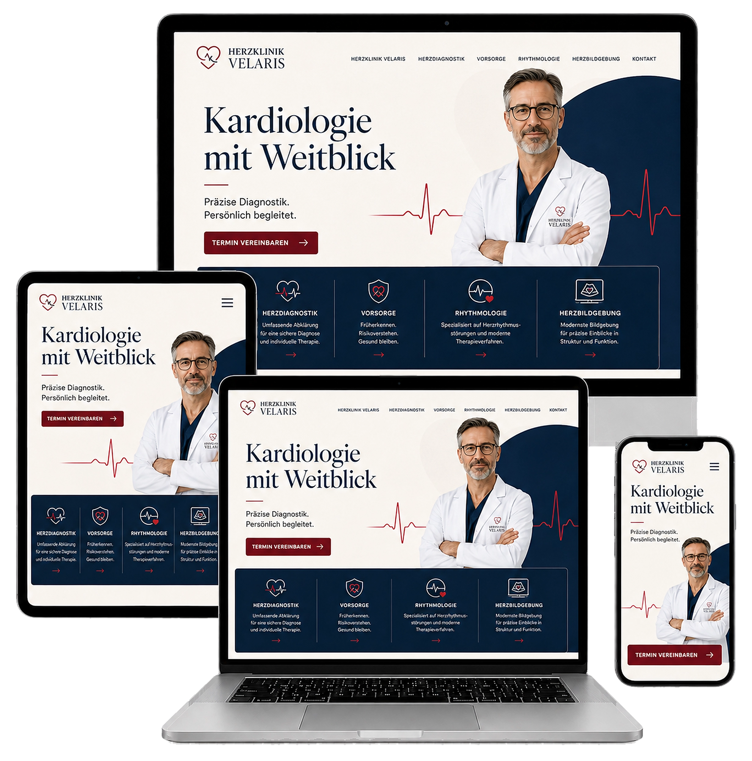 Beispiel-Startseite einer Kardiologie-Praxis im mbcreate-Design, dargestellt auf Rechner, Tablet, Laptop und Smartphone
