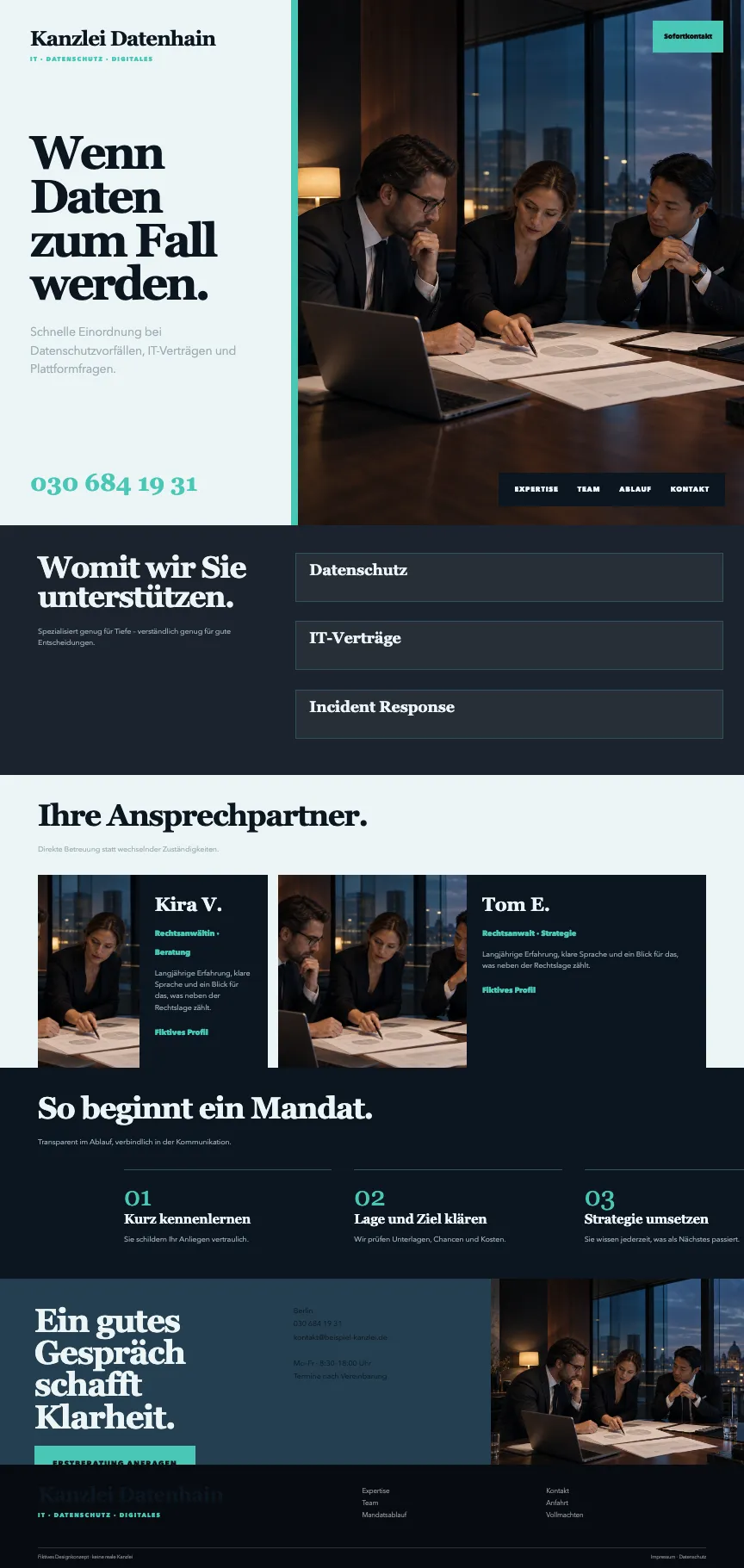 Technisch anmutendes Webdesign für eine Kanzlei für IT- und Datenschutzrecht