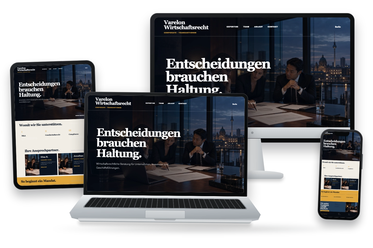 Beispiel-Startseite einer Kanzlei im mbcreate-Design, dargestellt auf Rechner, Tablet, Laptop und Smartphone