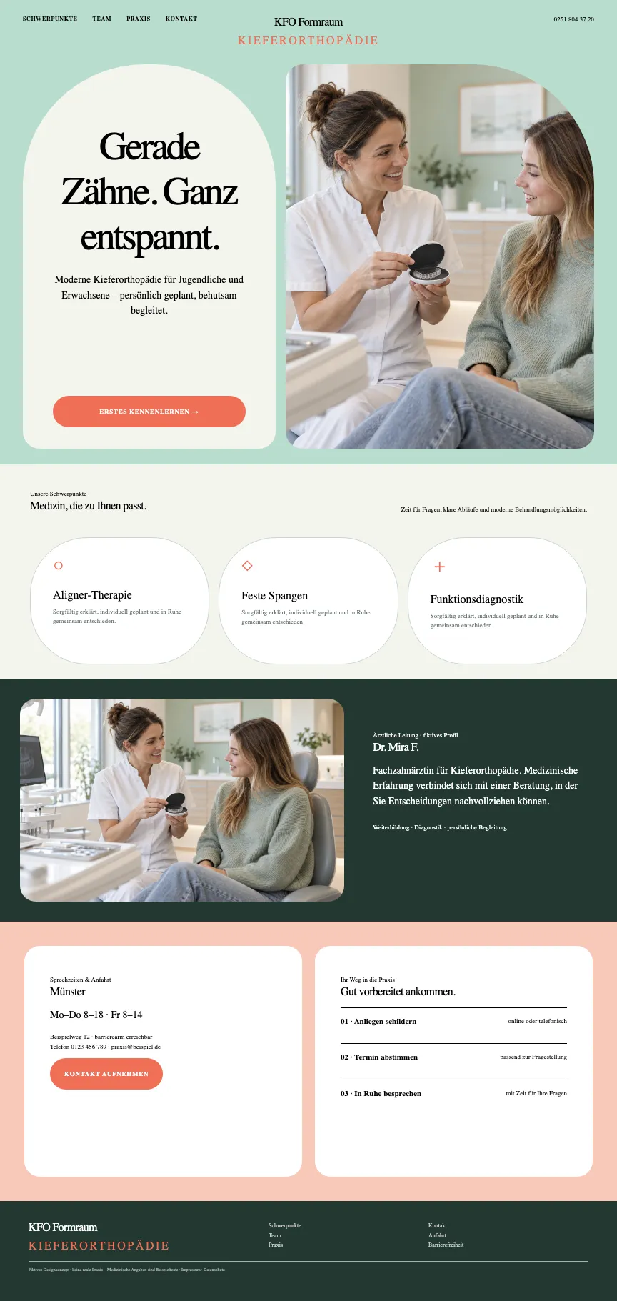Kieferorthopädie-Webdesign mit klarer Flächenaufteilung und viel Weißraum