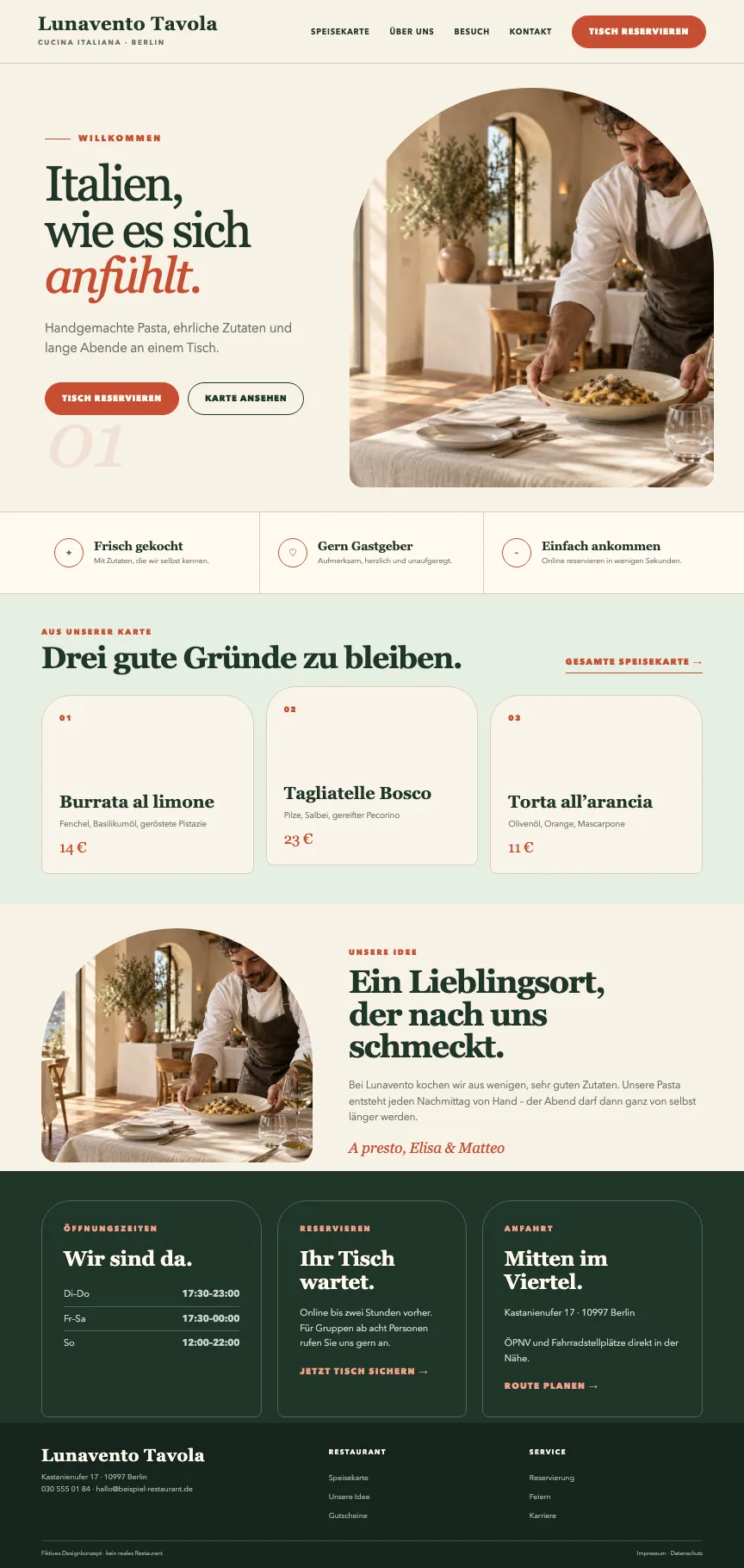 Beispiel-Startseite eines italienischen Restaurants im mbcreate-Design