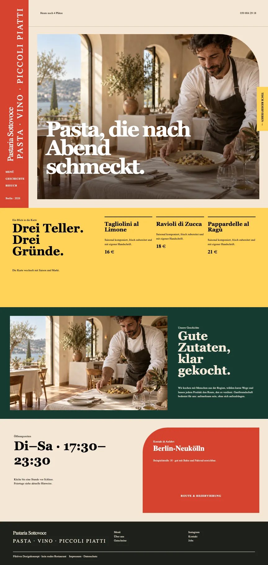 Verspieltes Webdesign für eine Pasta-Bar mit kräftigen Farbflächen