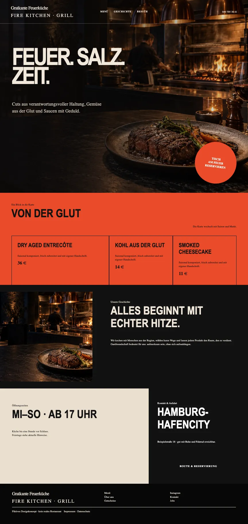 Dunkles Restaurant-Webdesign für eine Feuerküche