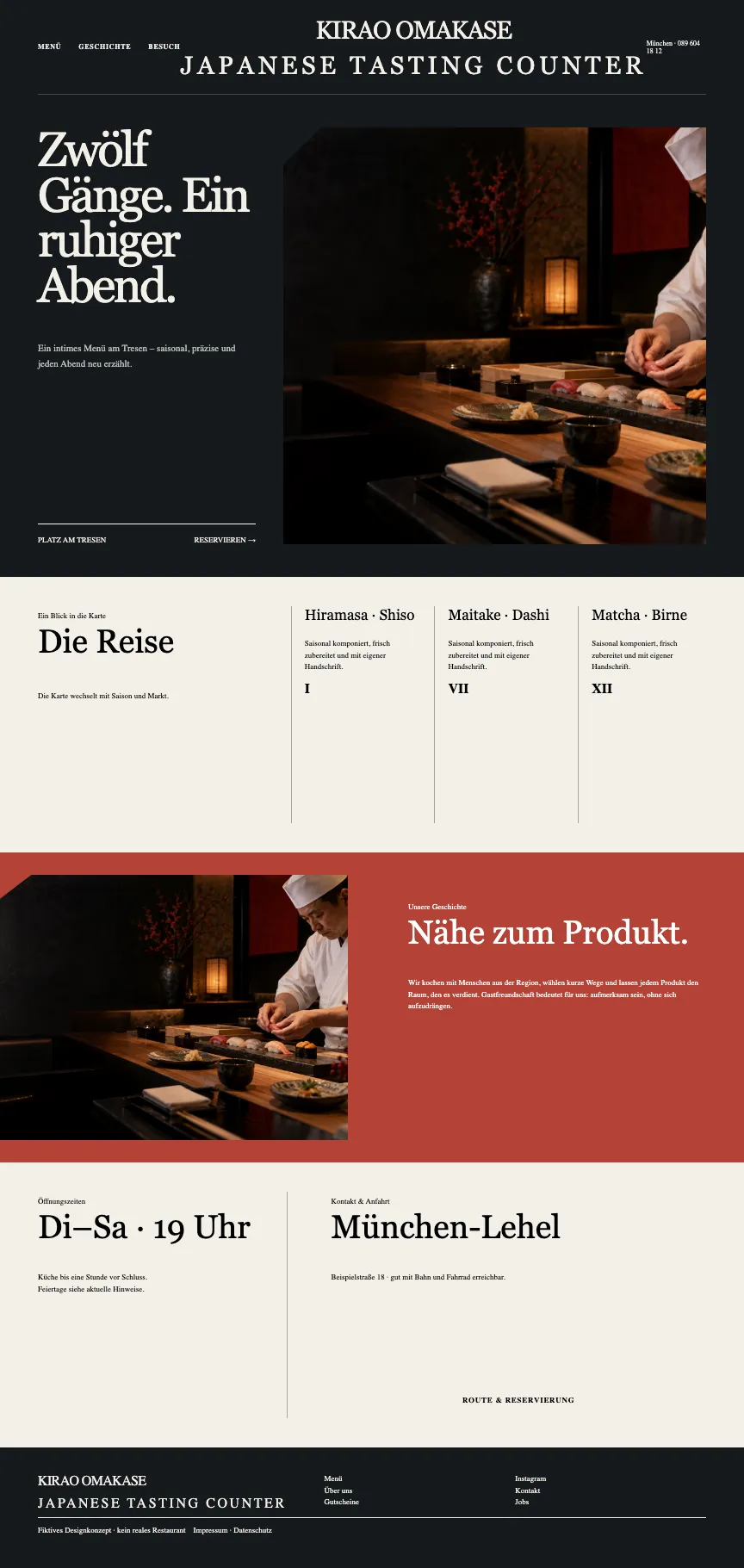 Reduziertes, edles Webdesign für ein Omakase-Restaurant