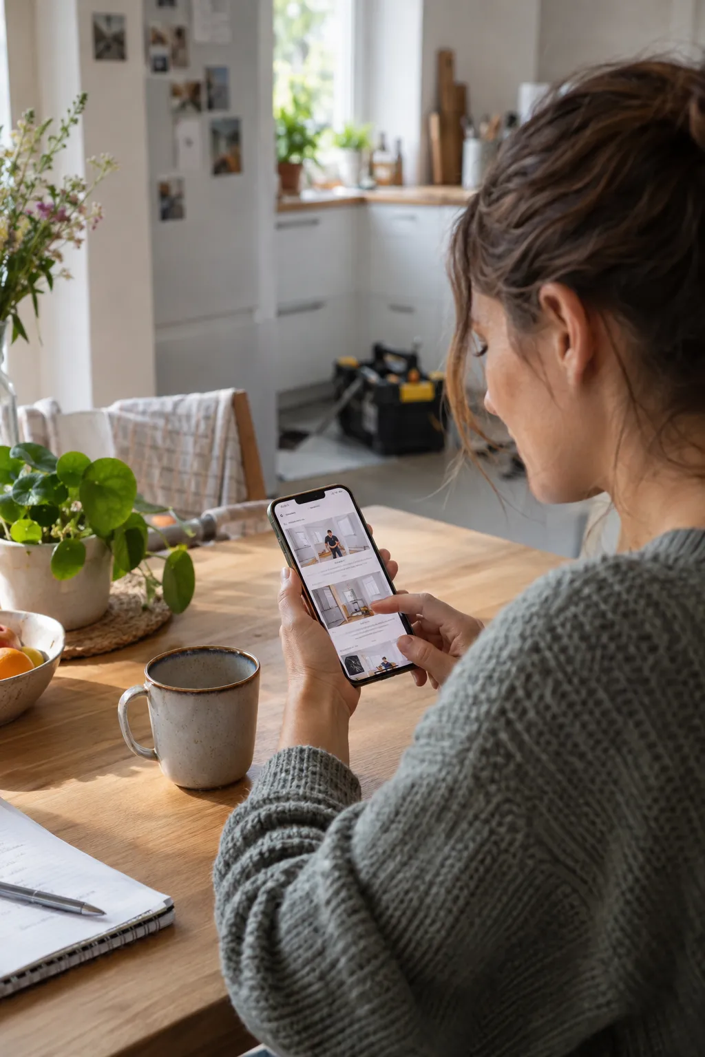 Person sucht am Smartphone nach einem Handwerksbetrieb