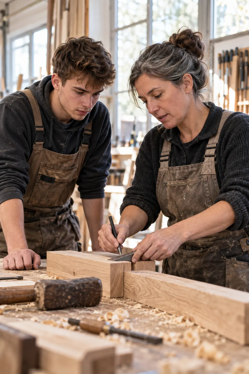 Auszubildender und Meister gemeinsam in der Werkstatt