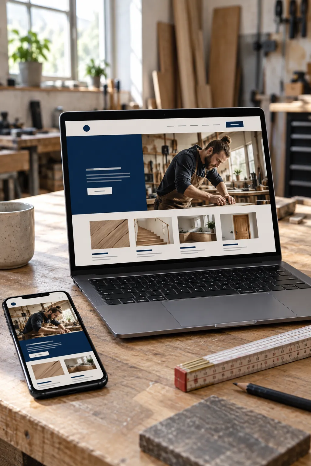 Laptop und Smartphone zeigen eine gepflegte Handwerker-Website