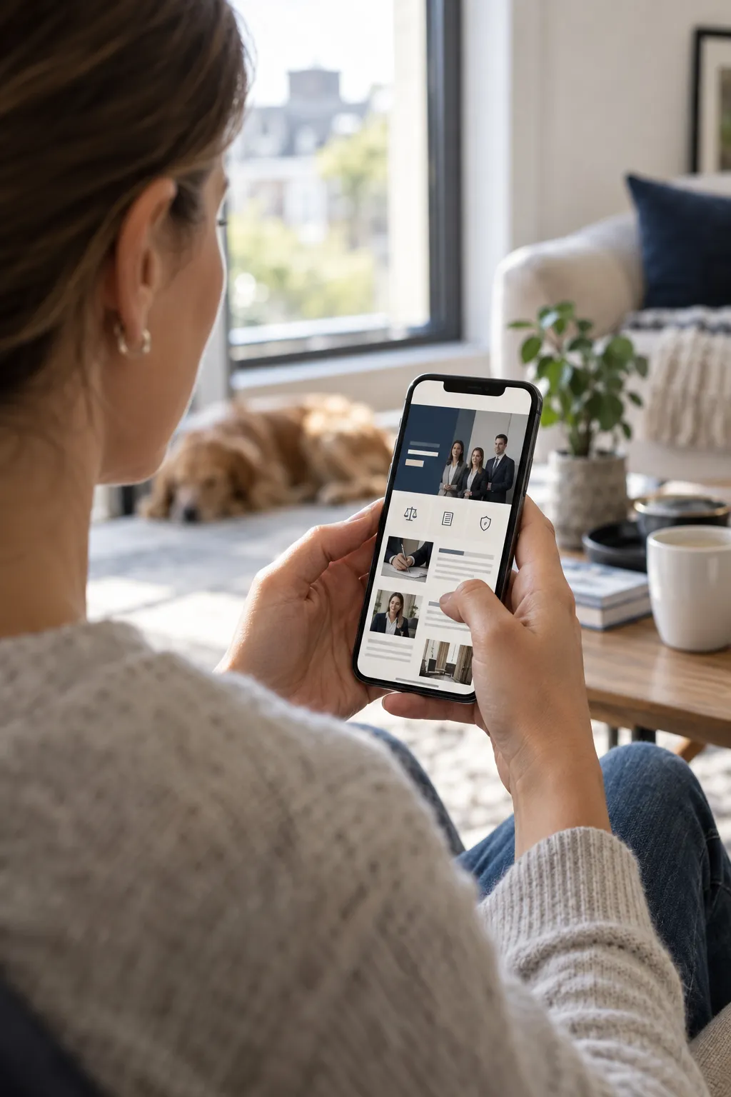 Person sucht am Smartphone nach einer Kanzlei