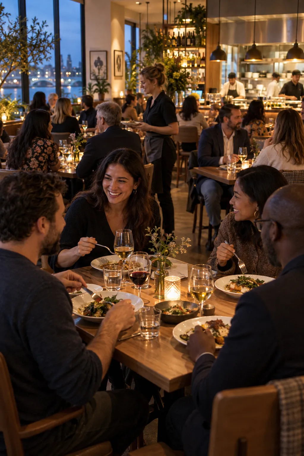 Gut besuchtes Restaurant am frühen Abend mit warmem Licht
