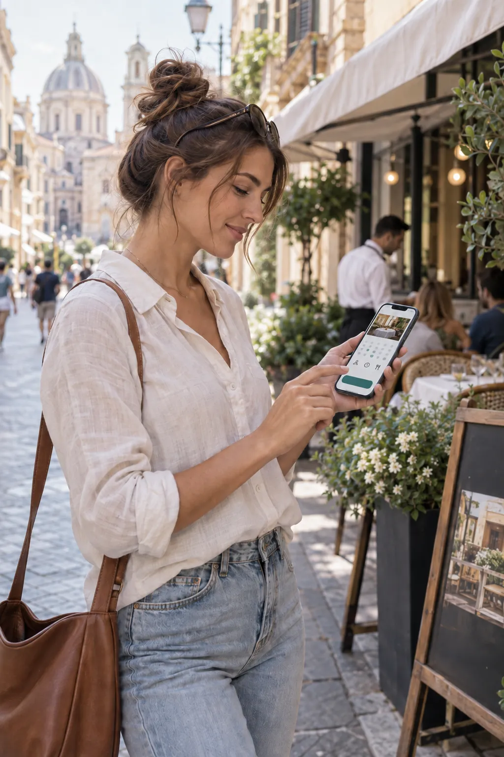 Person reserviert unterwegs am Smartphone einen Tisch