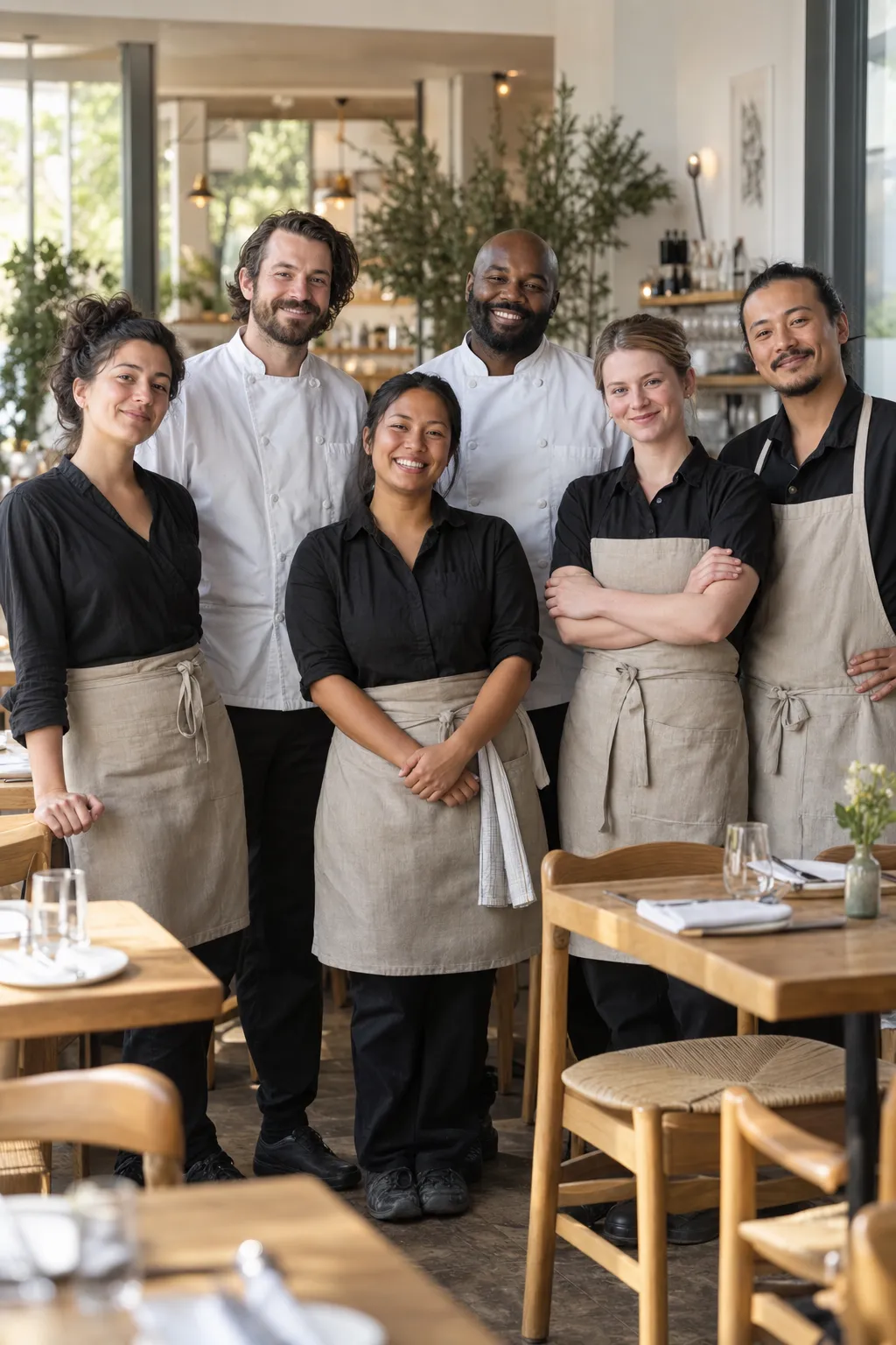 Küchen- und Serviceteam eines Restaurants im hellen Gastraum