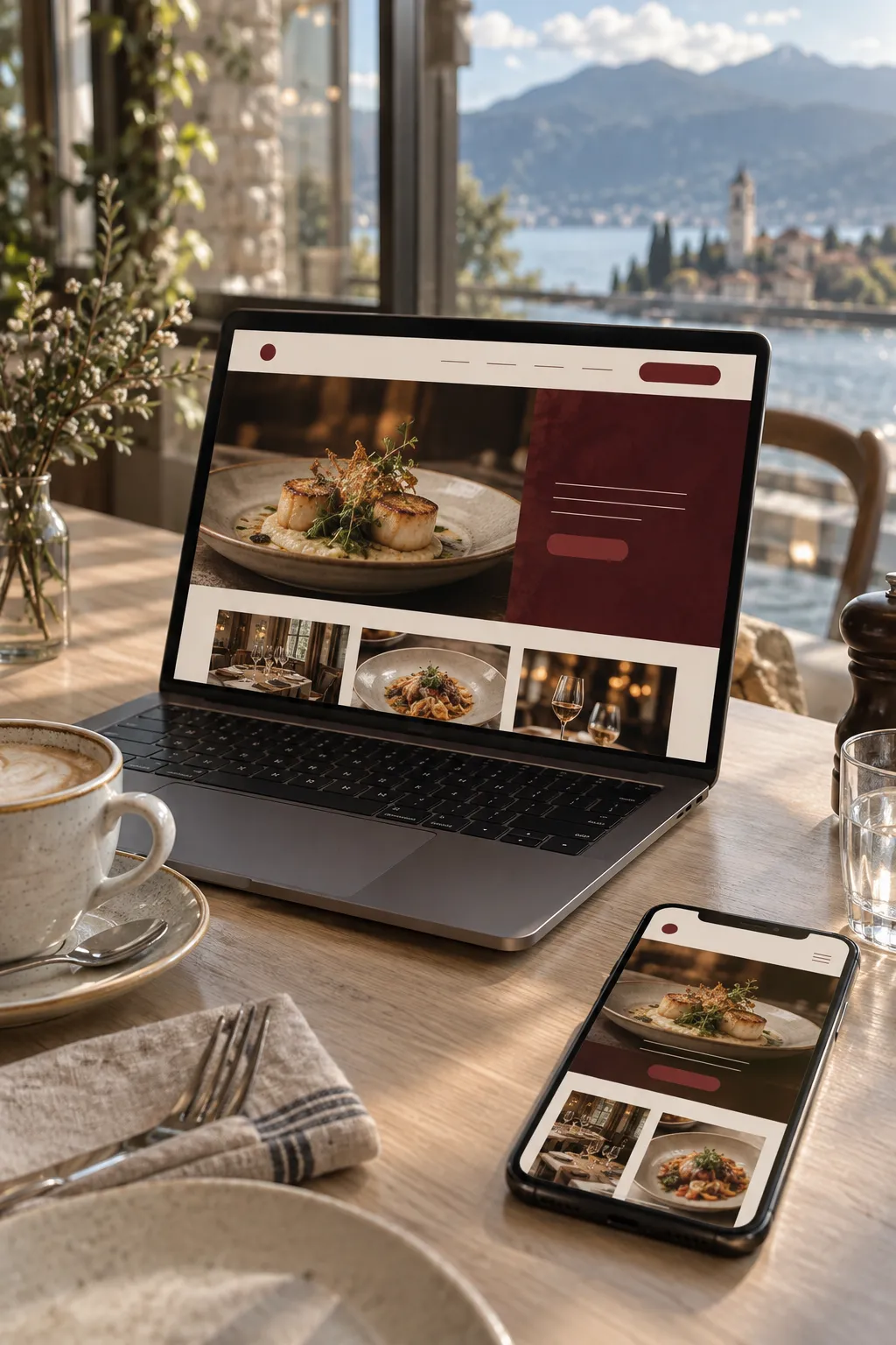 Laptop und Smartphone zeigen eine gepflegte Restaurant-Website