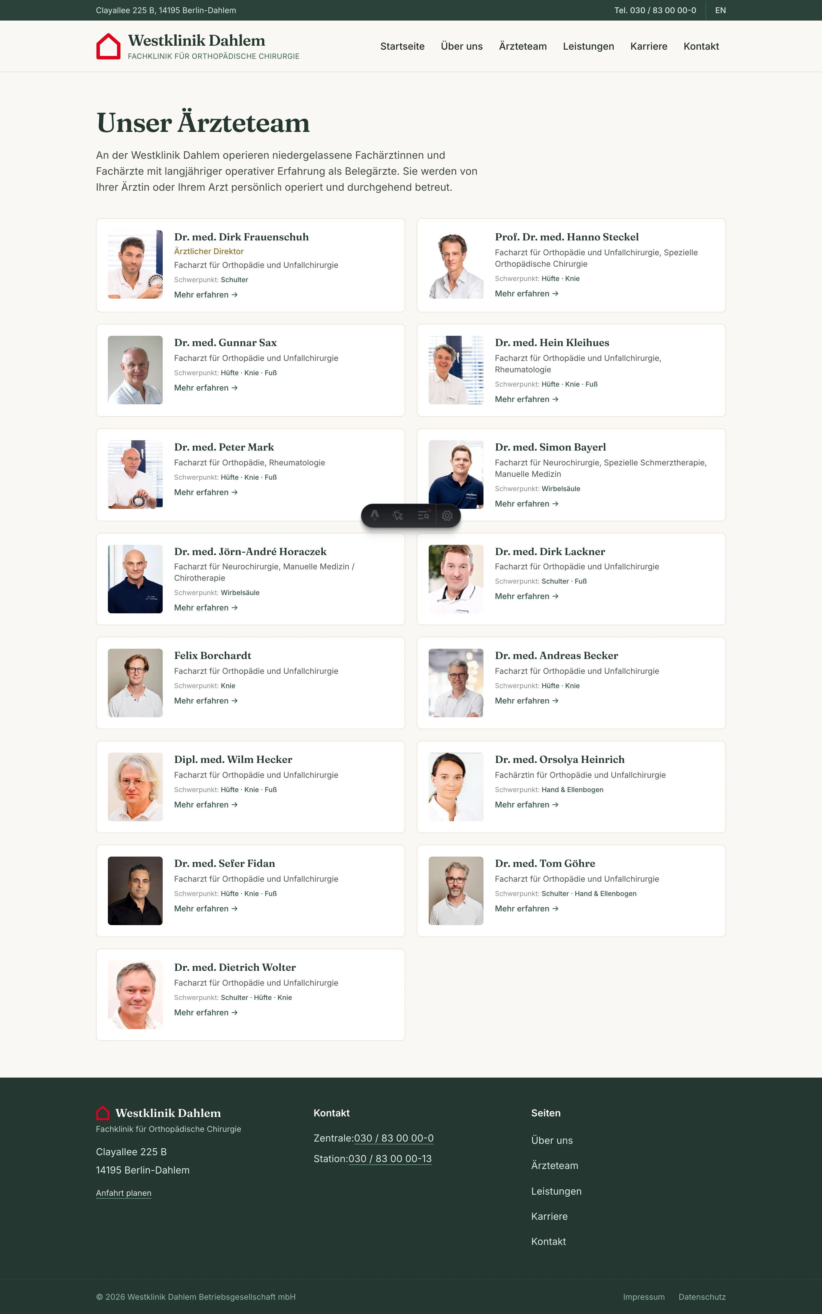 Ärzteteam-Übersicht der Westklinik Dahlem