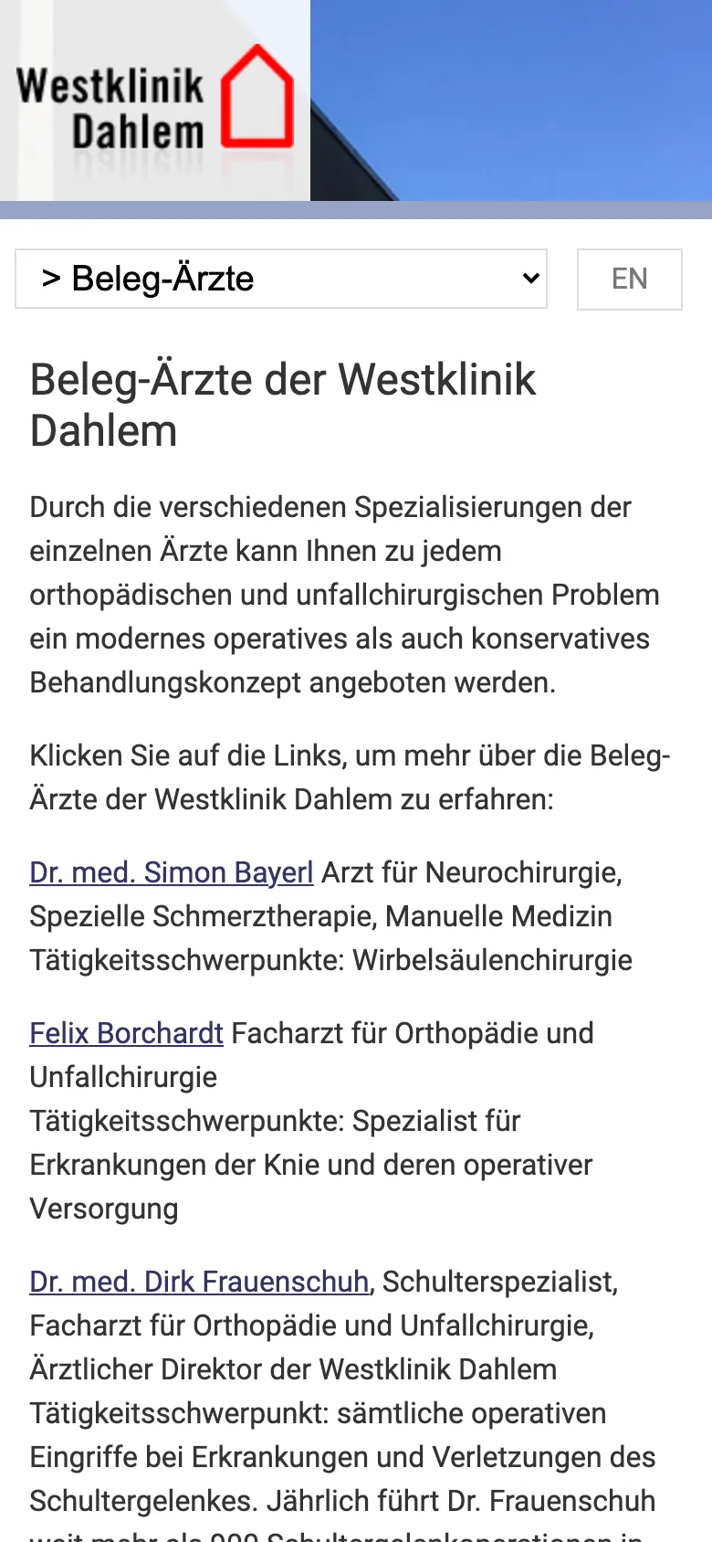 Ärzteliste der alten Website der Westklinik Dahlem auf dem Handy, vor dem Relaunch